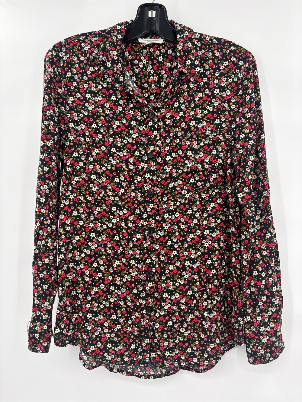 beachlunchlounge Black Floral Button-Up Shirt with Pink and White Blossoms